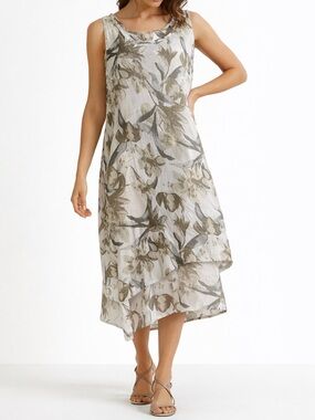 Midi Maxi Dress Abstract Botanical 2Ply Gauzy Cottony Airy Fabric Grey Ivory XL